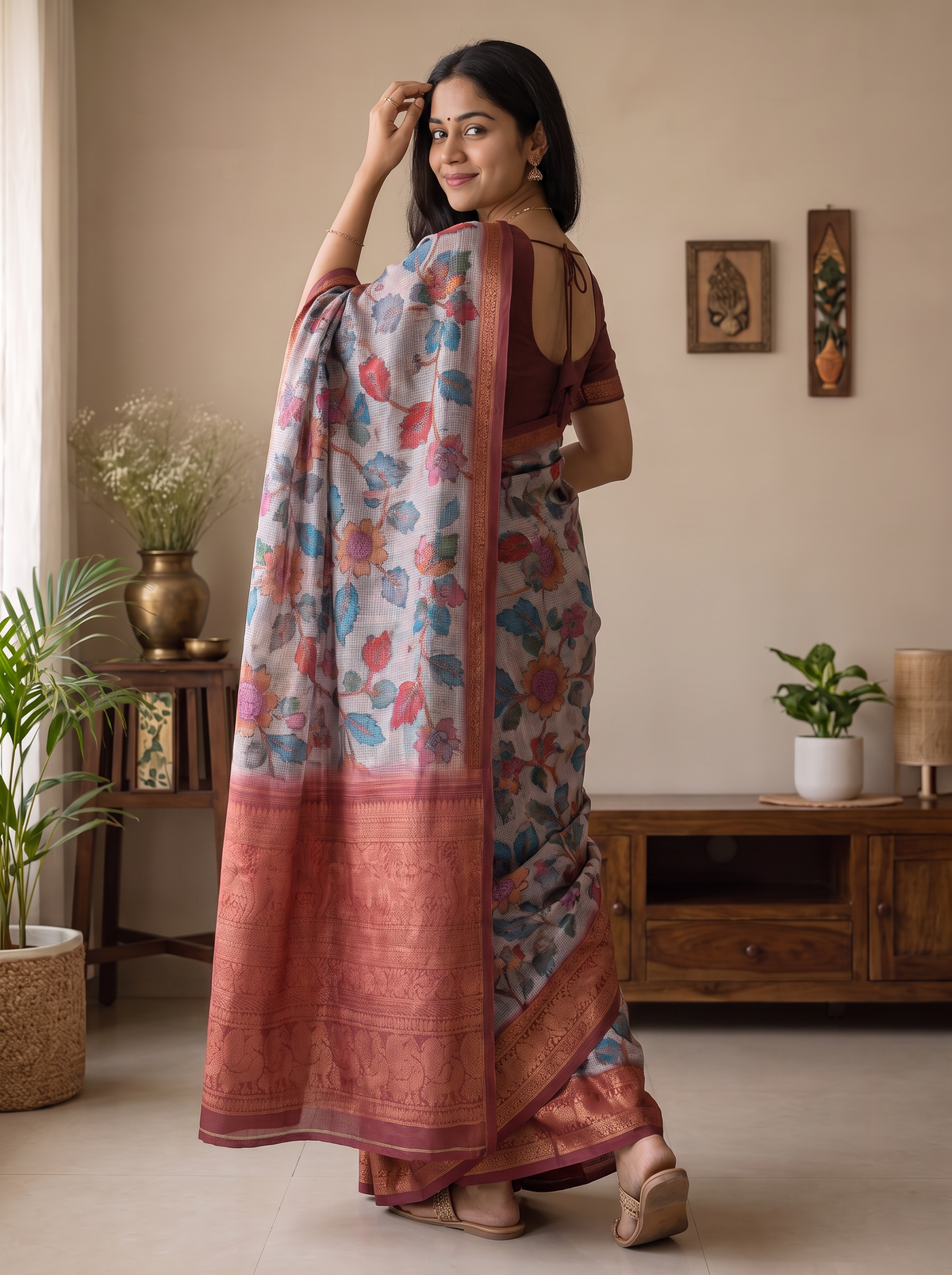 Mist Grey Floral Kota Saree
