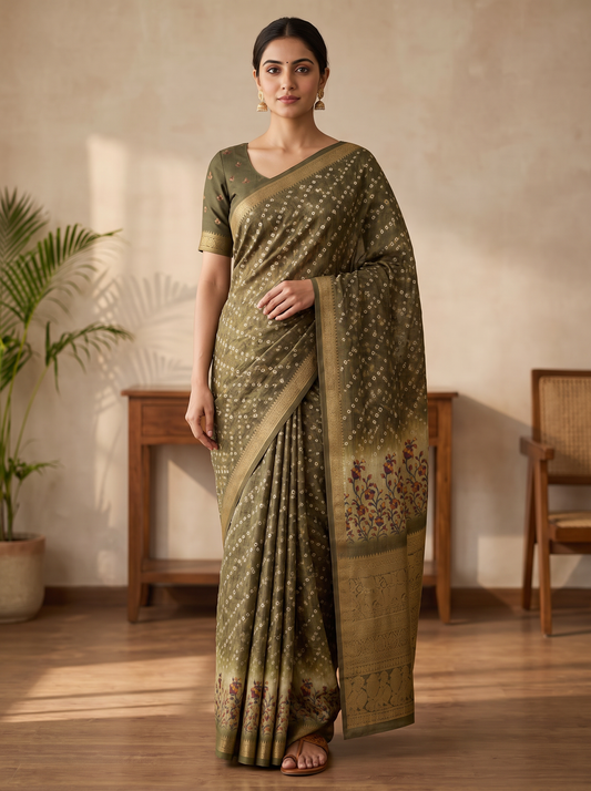 Olive Green Floral Kota Saree