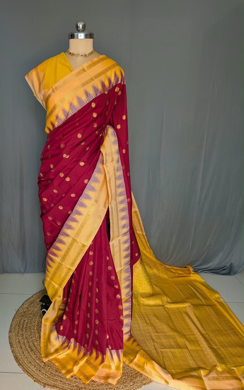 Maroon & Mustard Gold Uppada Pattu Saree