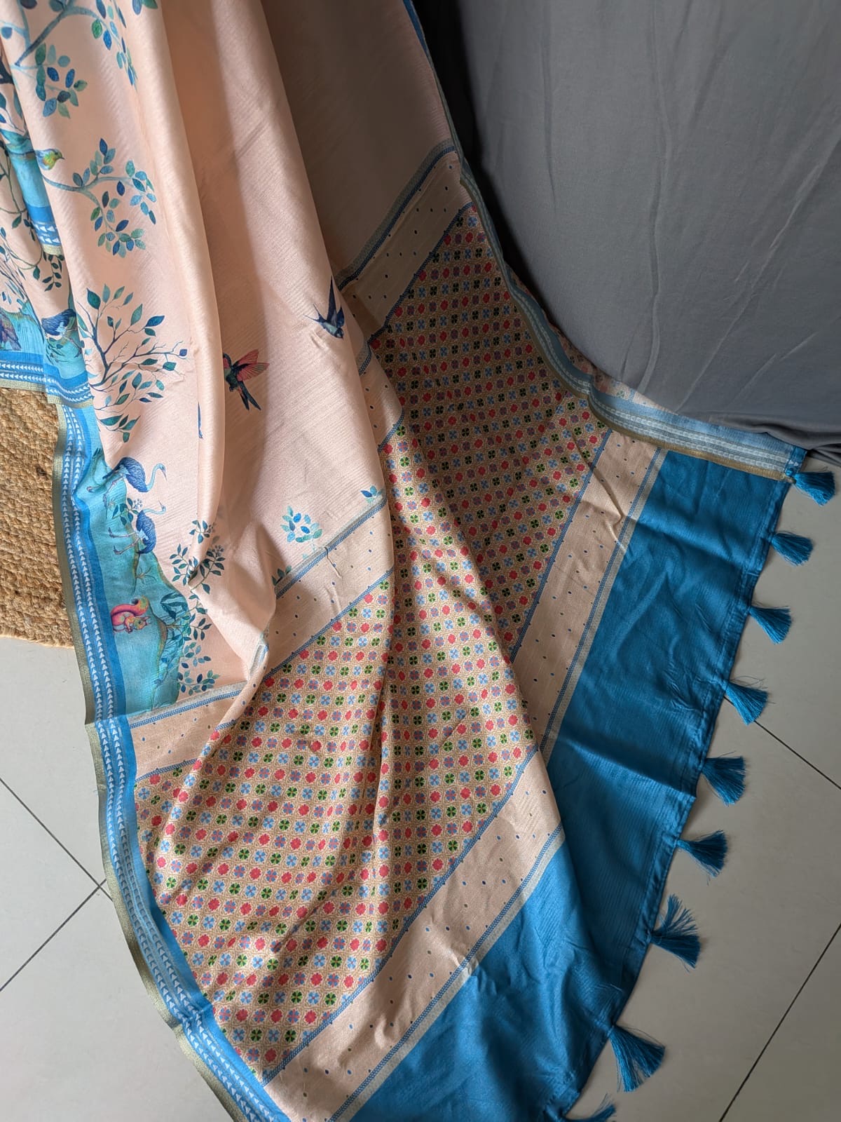 Peach & Blue Printed Saree