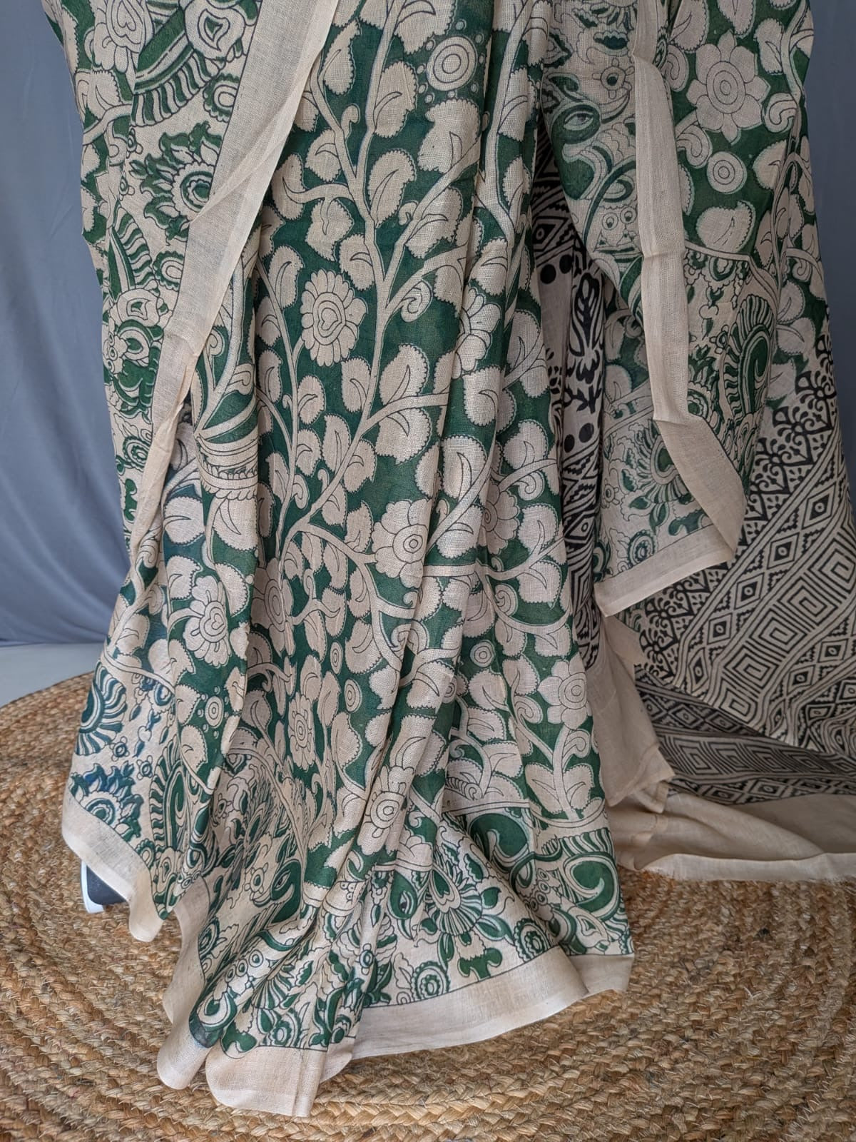 Green & Beige Kalamkari Printed Saree