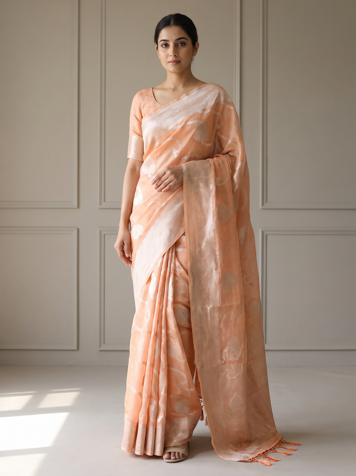 Peach & Antique Gold Zari Tissue Silk Saree