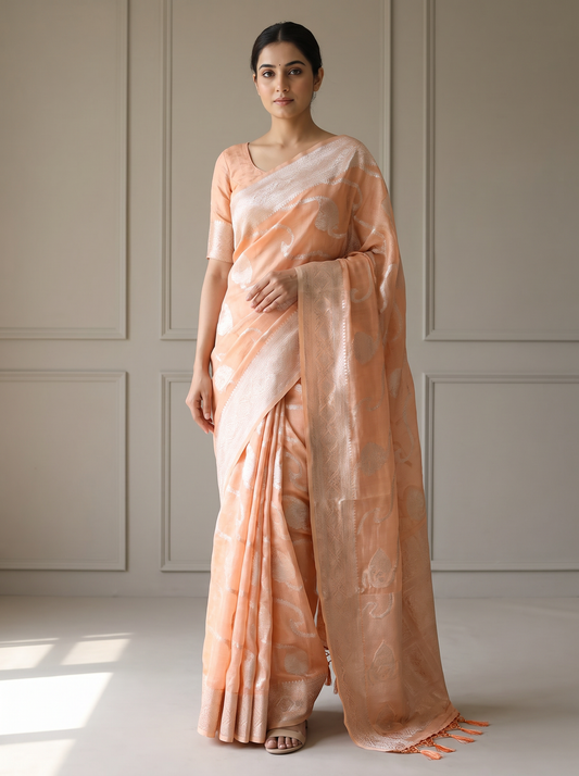 Peach & Antique Gold Zari Tissue Silk Saree