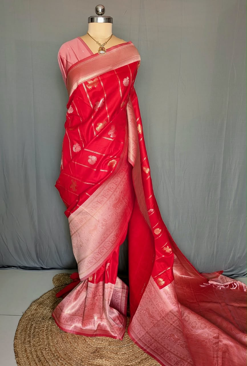 Ruby Red Rose Zari Saree