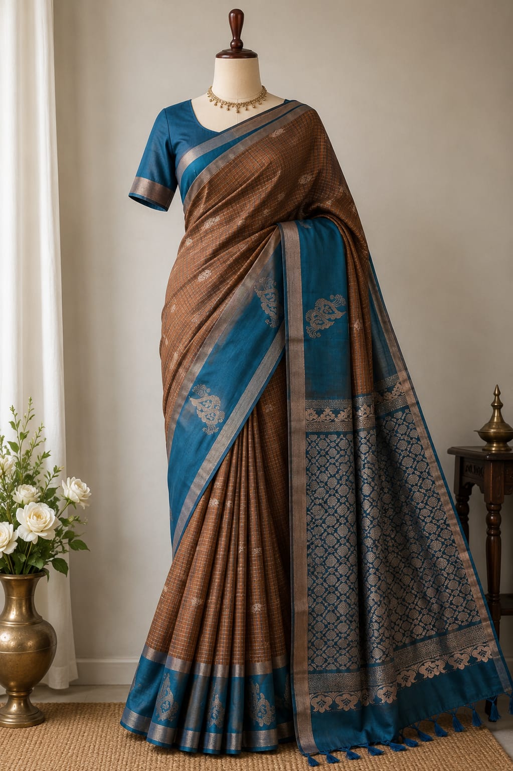 Rust & Peacock Teal Kanchipuram Silk Blend