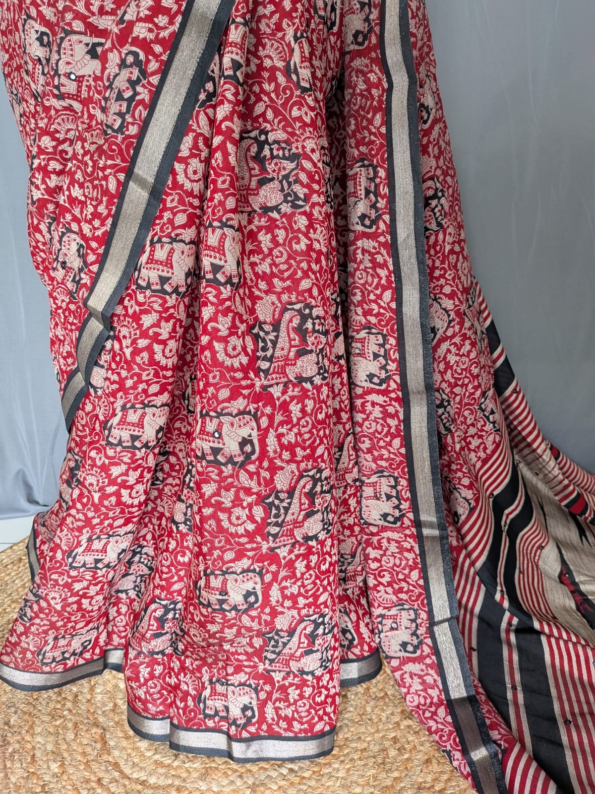Red & Black Kalamkari Printed Mirror Saree