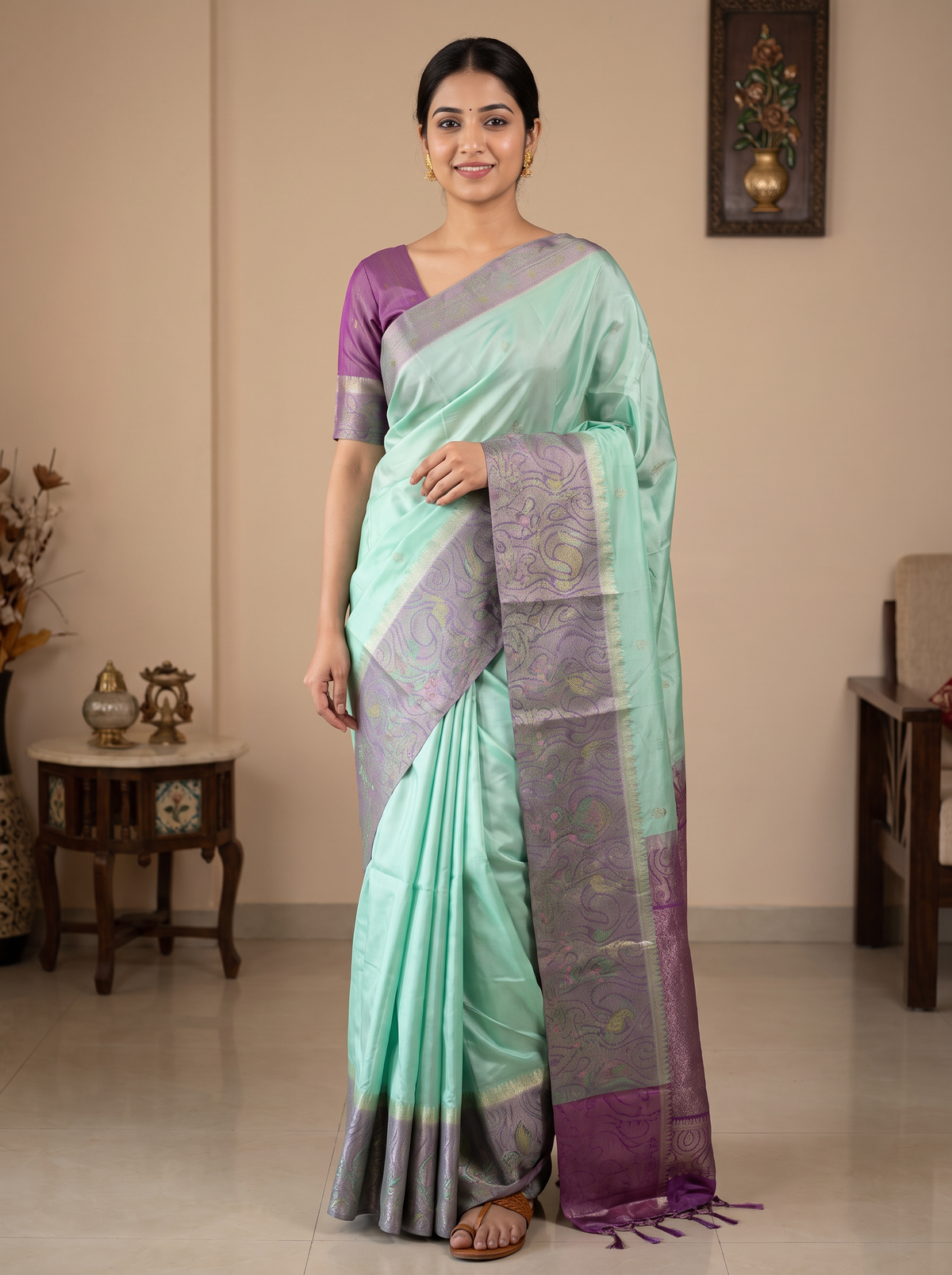 Mint Green & Purple Jacquard Silk Saree