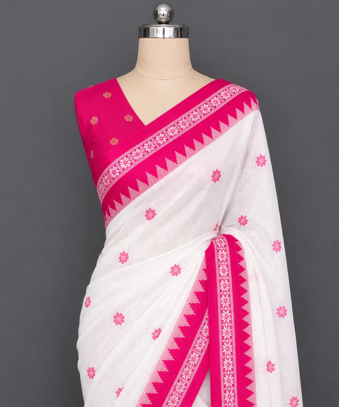 White & Pink MulCotton Saree