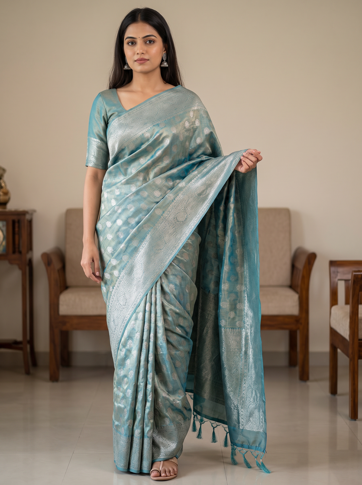Sea Greenish Blue & Silver Tissue Silk Saree