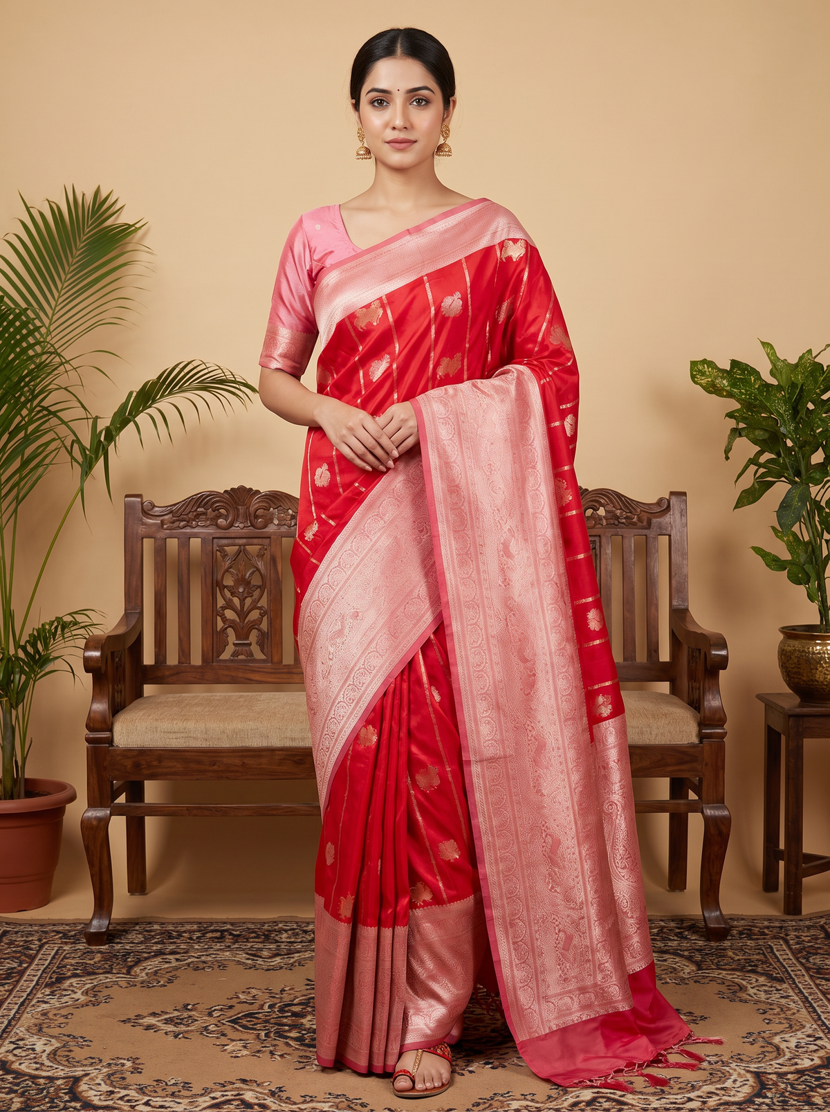 Ruby Red Rose Zari Saree