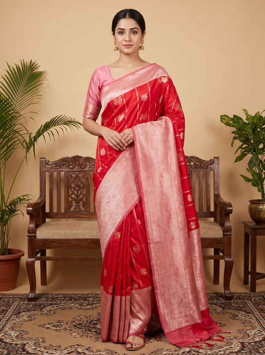 Ruby Red Rose Zari Saree