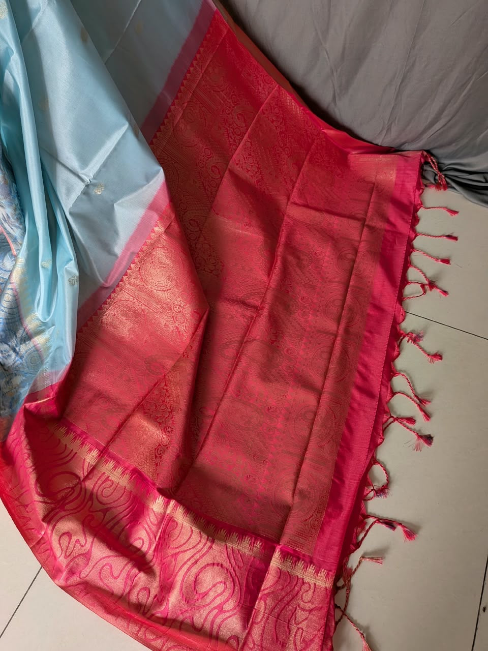 Sky Blue & Pink Jacquard Silk Saree