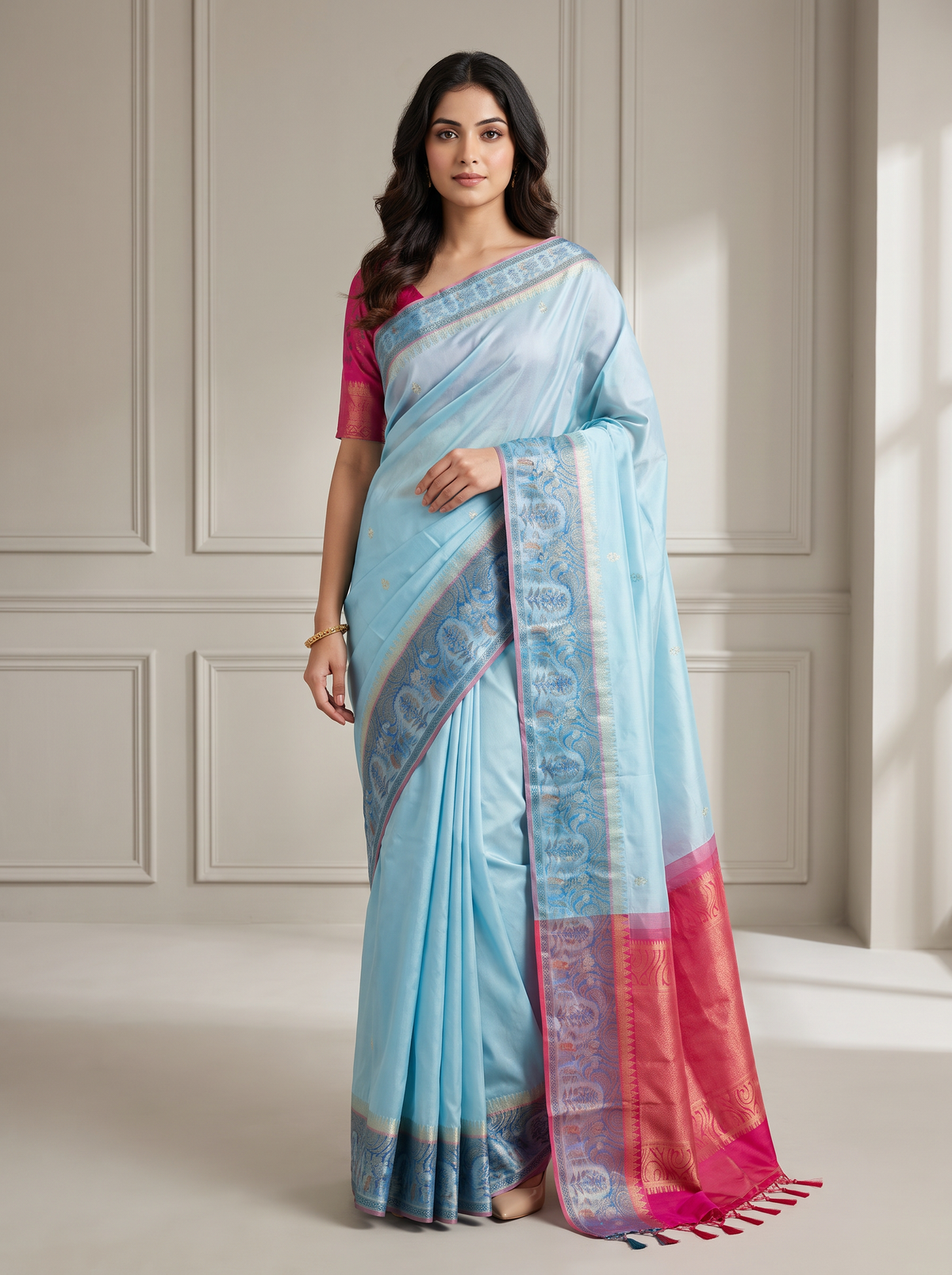 Sky Blue & Pink Jacquard Silk Saree