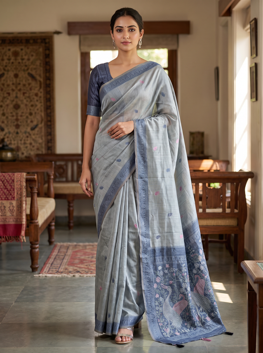 Grey Blue Linen Jamdani Saree (Silver Mist)