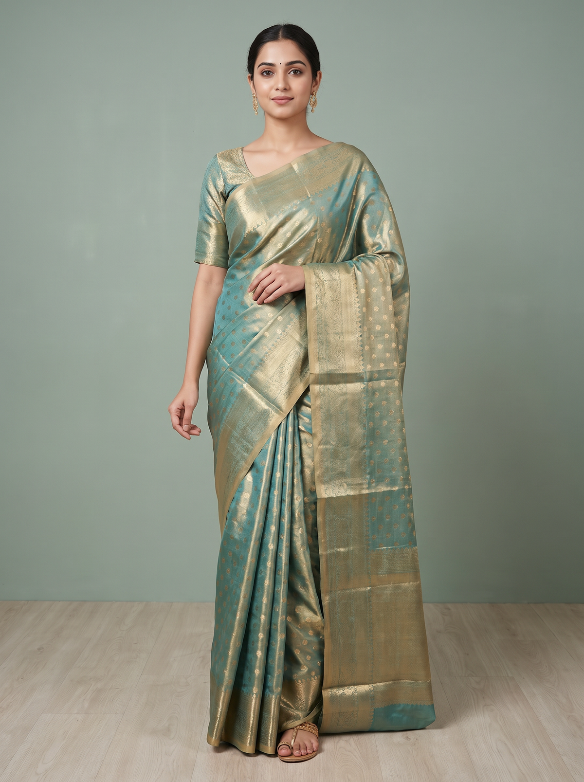 Teal Blue & Antique Gold Tissue Saree