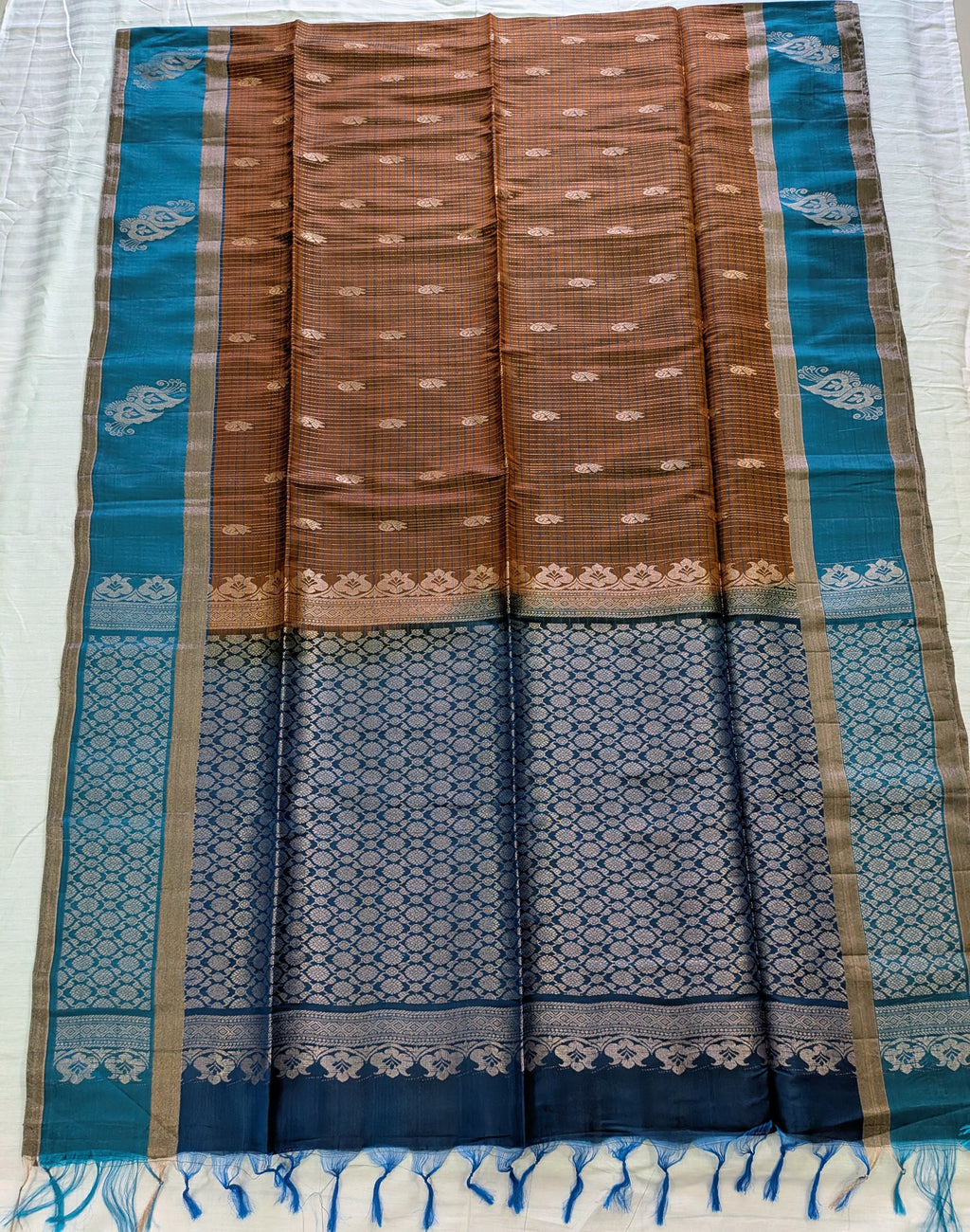 Rust & Peacock Teal Kanchipuram Silk Blend