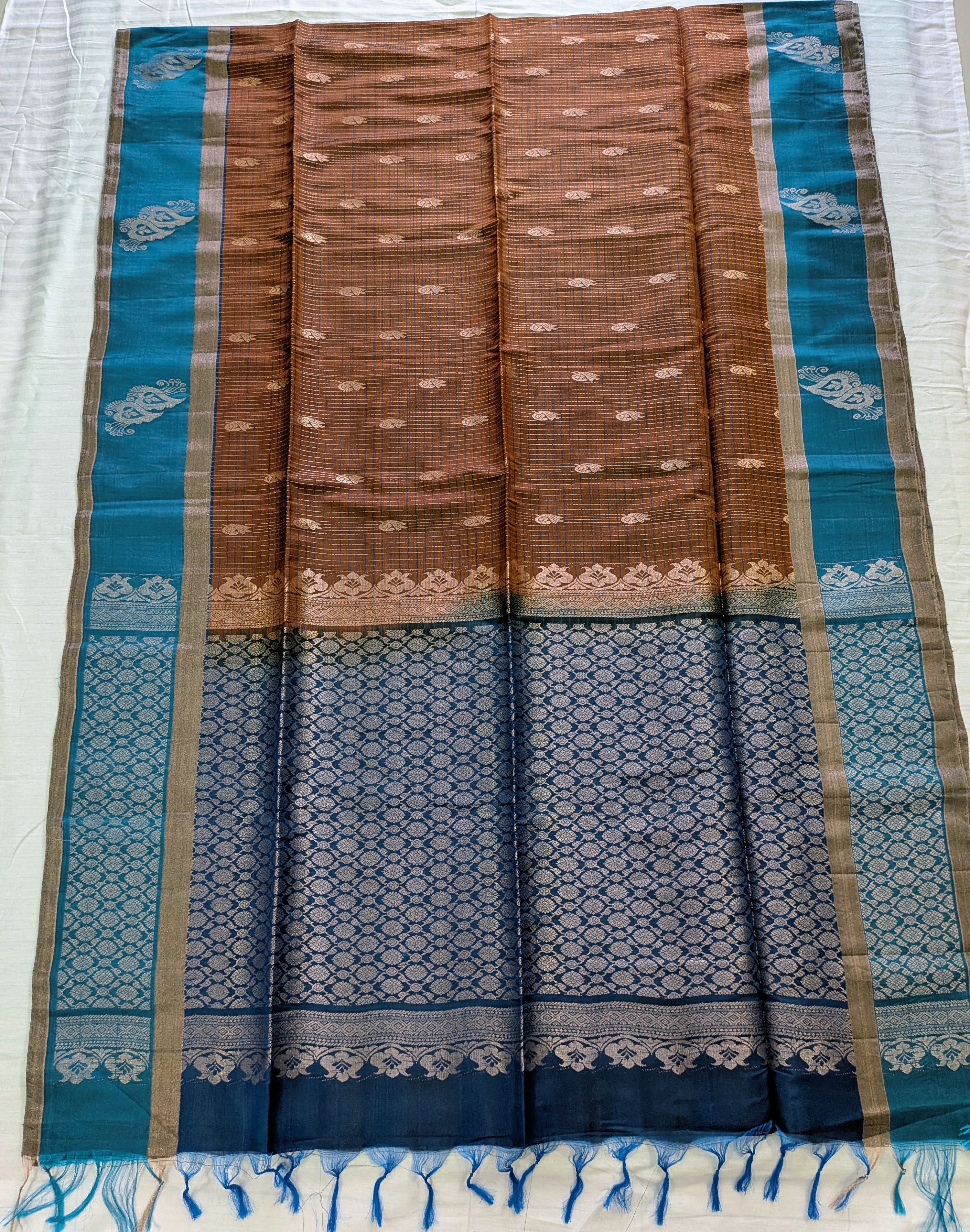 Rust & Peacock Teal Kanchipuram Silk Blend