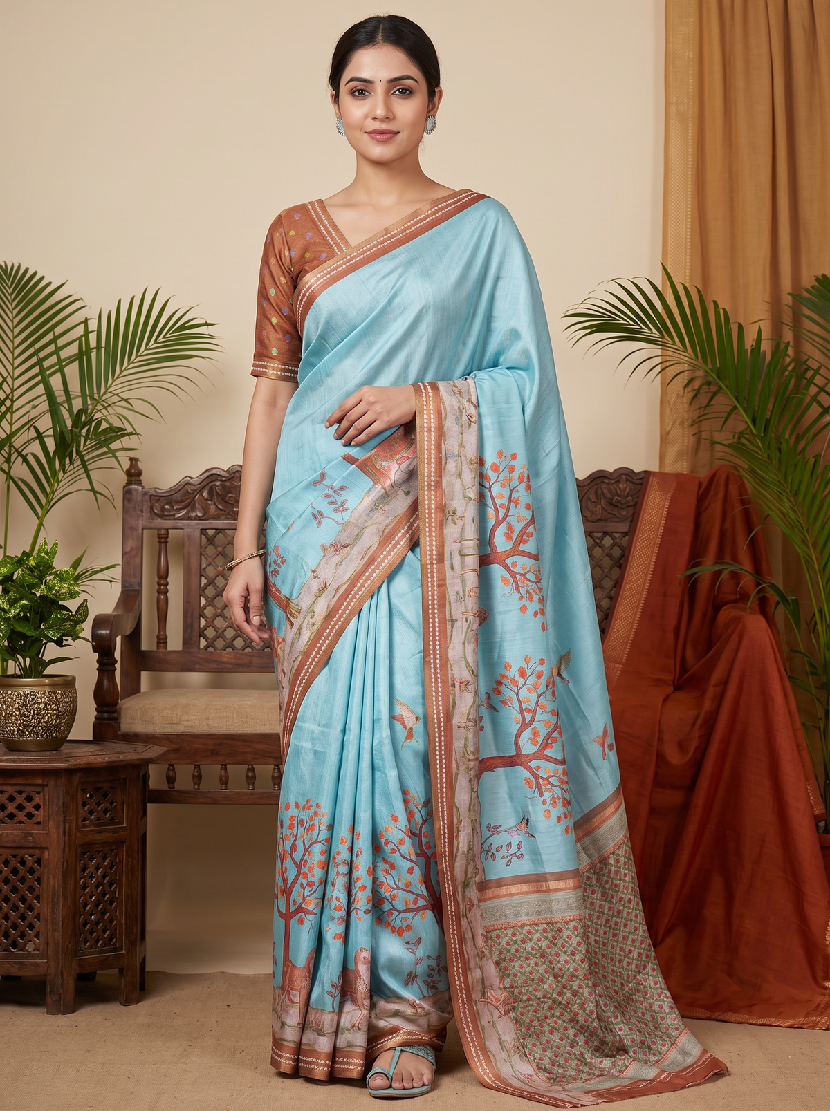 Sky Blue & Rust Orange Printed Saree