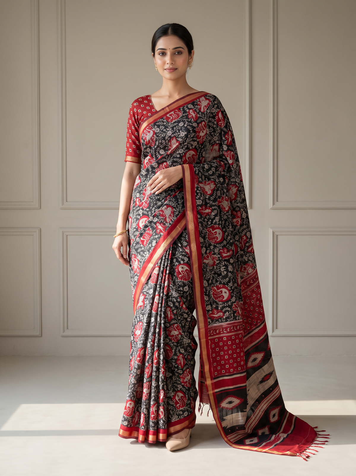 Black & Red Floral Kalamkari Mirror Saree