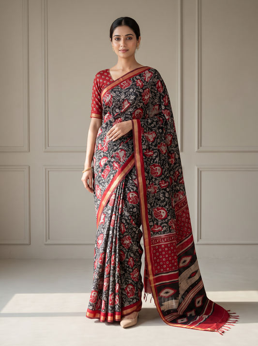 Black & Red Floral Kalamkari Mirror Saree