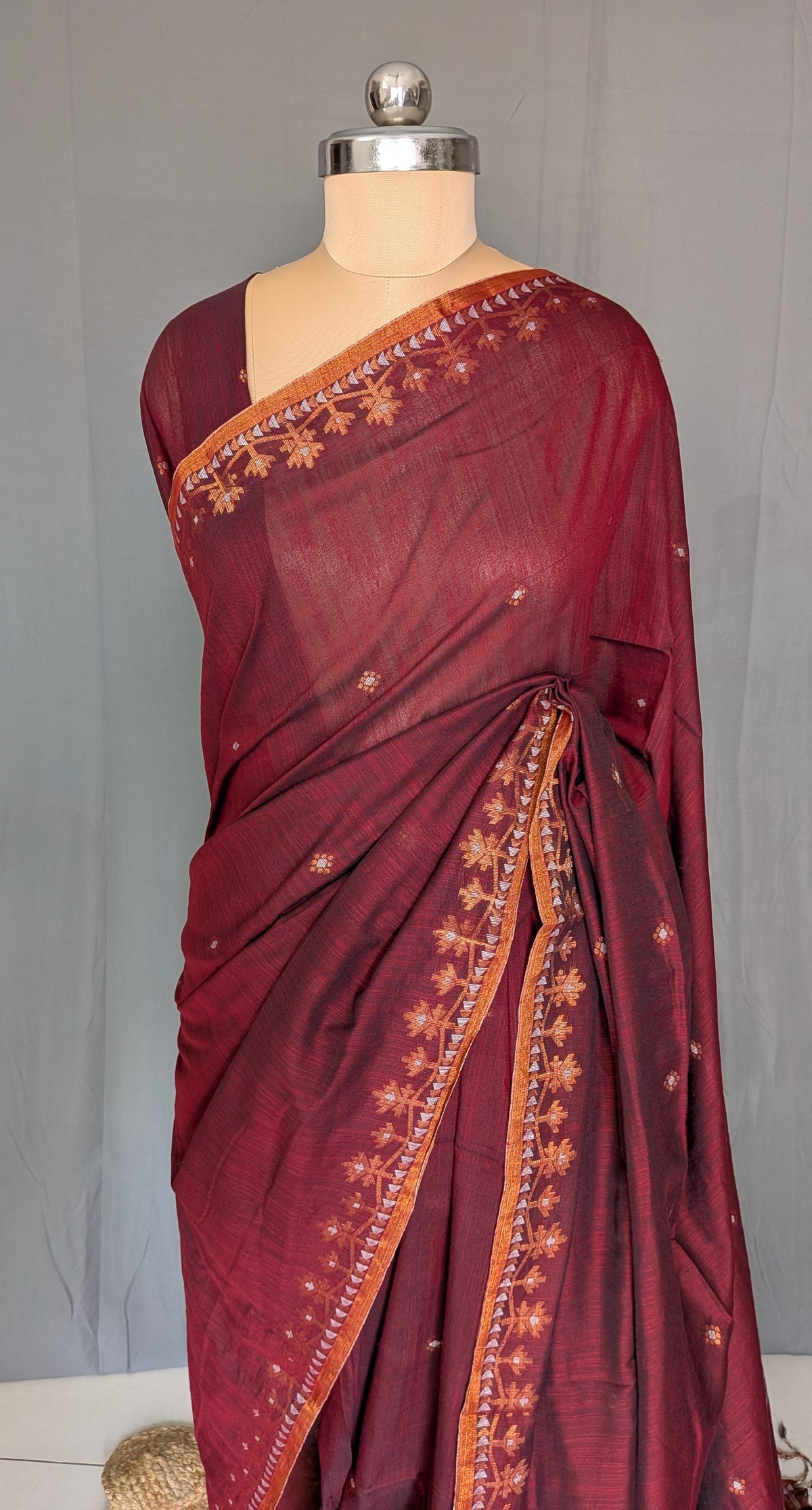 Maroon Floral Linen Cotton Saree