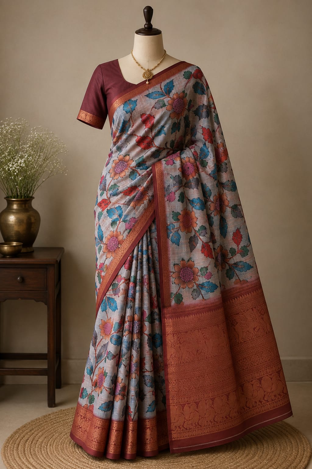 Mist Grey Floral Kota Saree