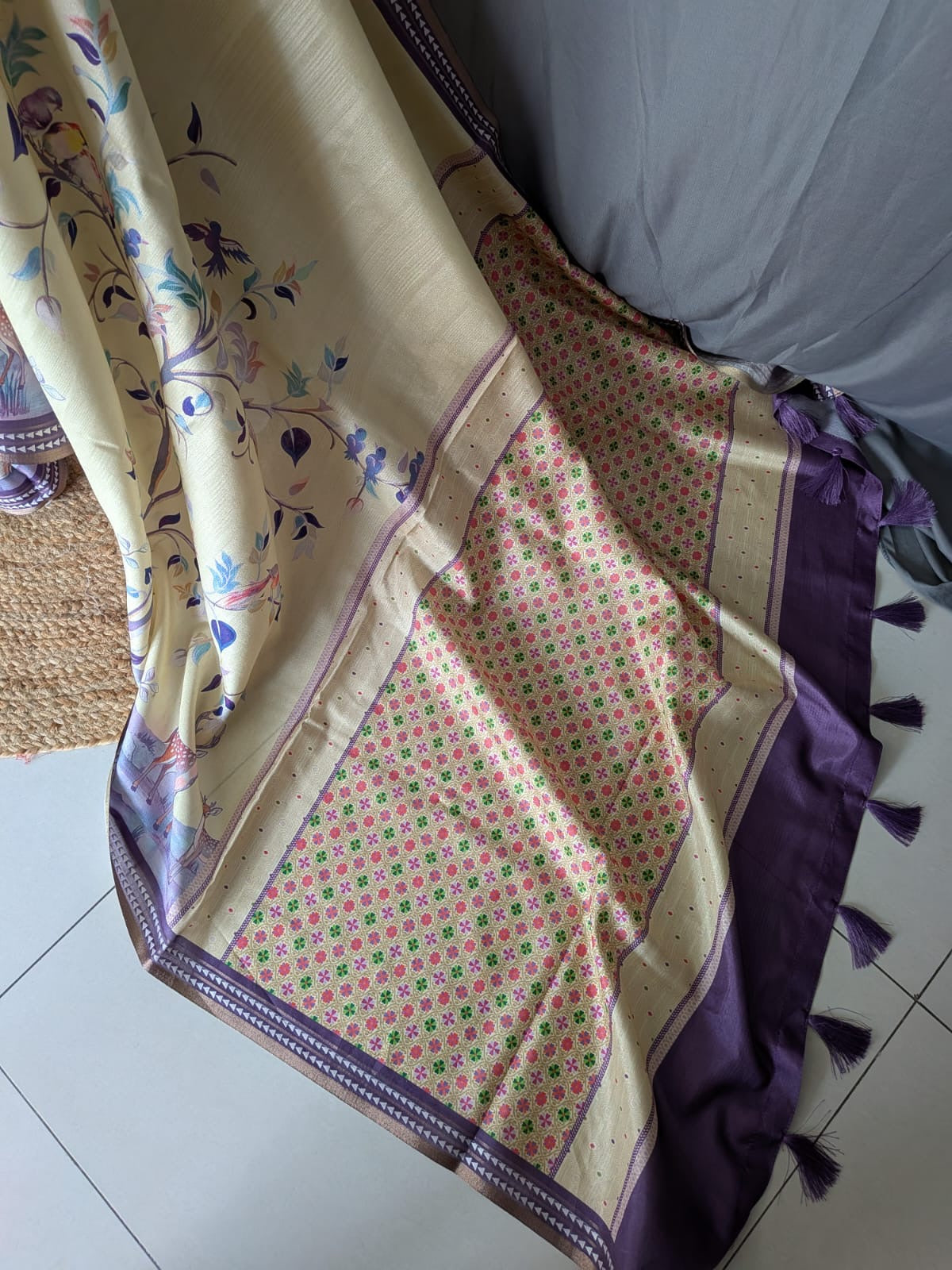 Pastel Yellow & Purple Peacock Printed Silk Saree