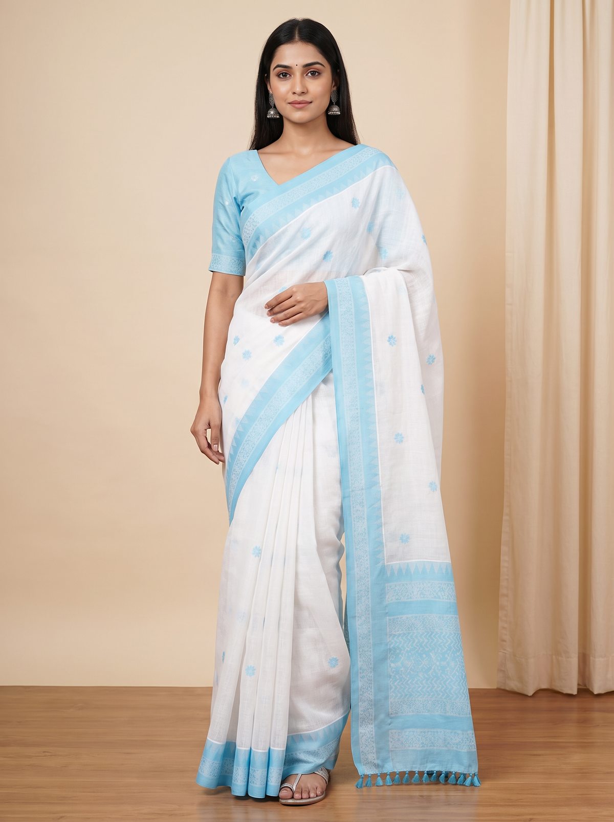 White & Sky Blue MulCotton Saree