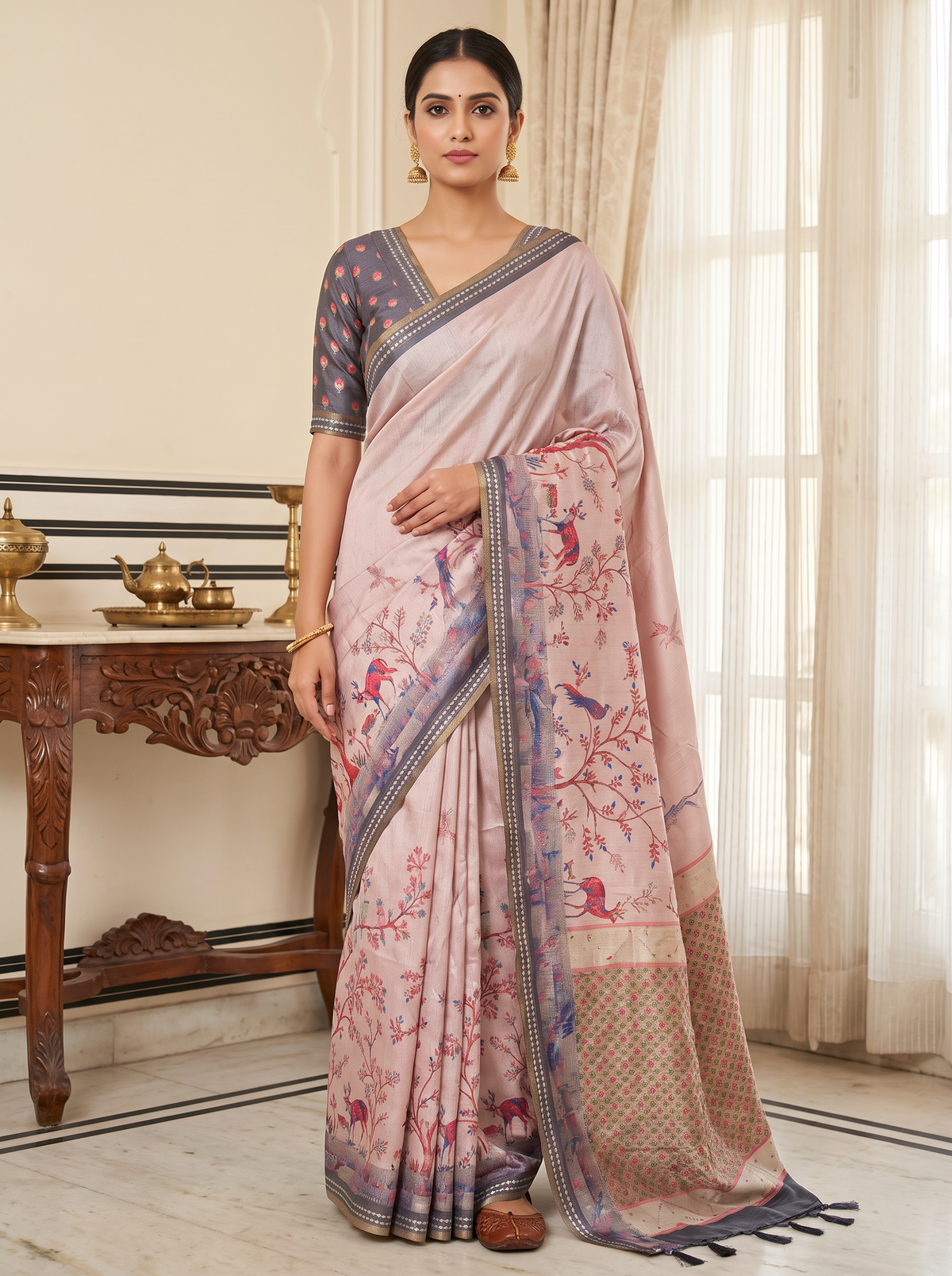 Blush Pink Digital Printed Silk Saree