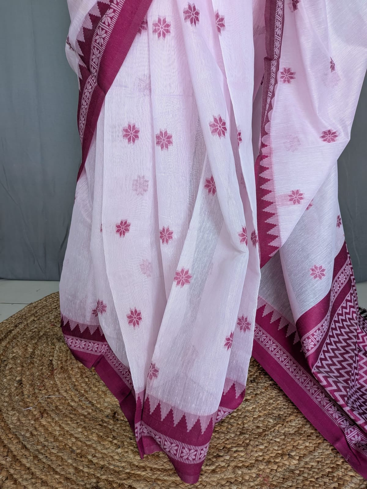 White & Magenta MulCotton Saree
