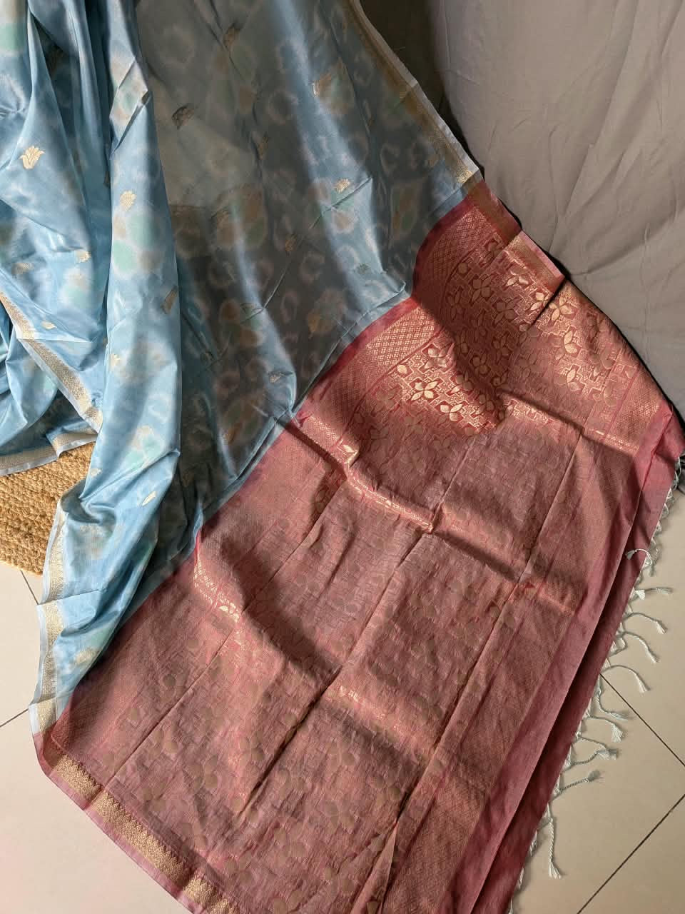 Powder Blue & Rose Gold Woven Silk Saree