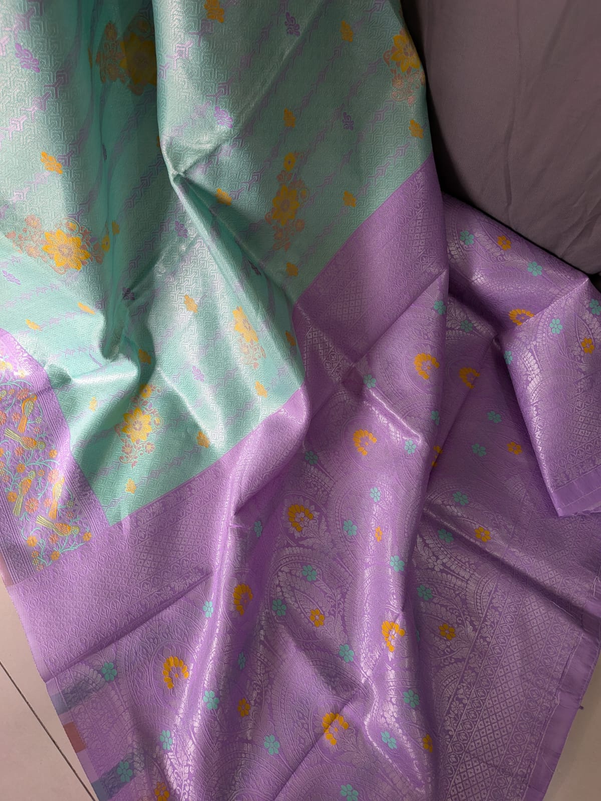 Mint Green & Lavender Floral Jacquard Saree