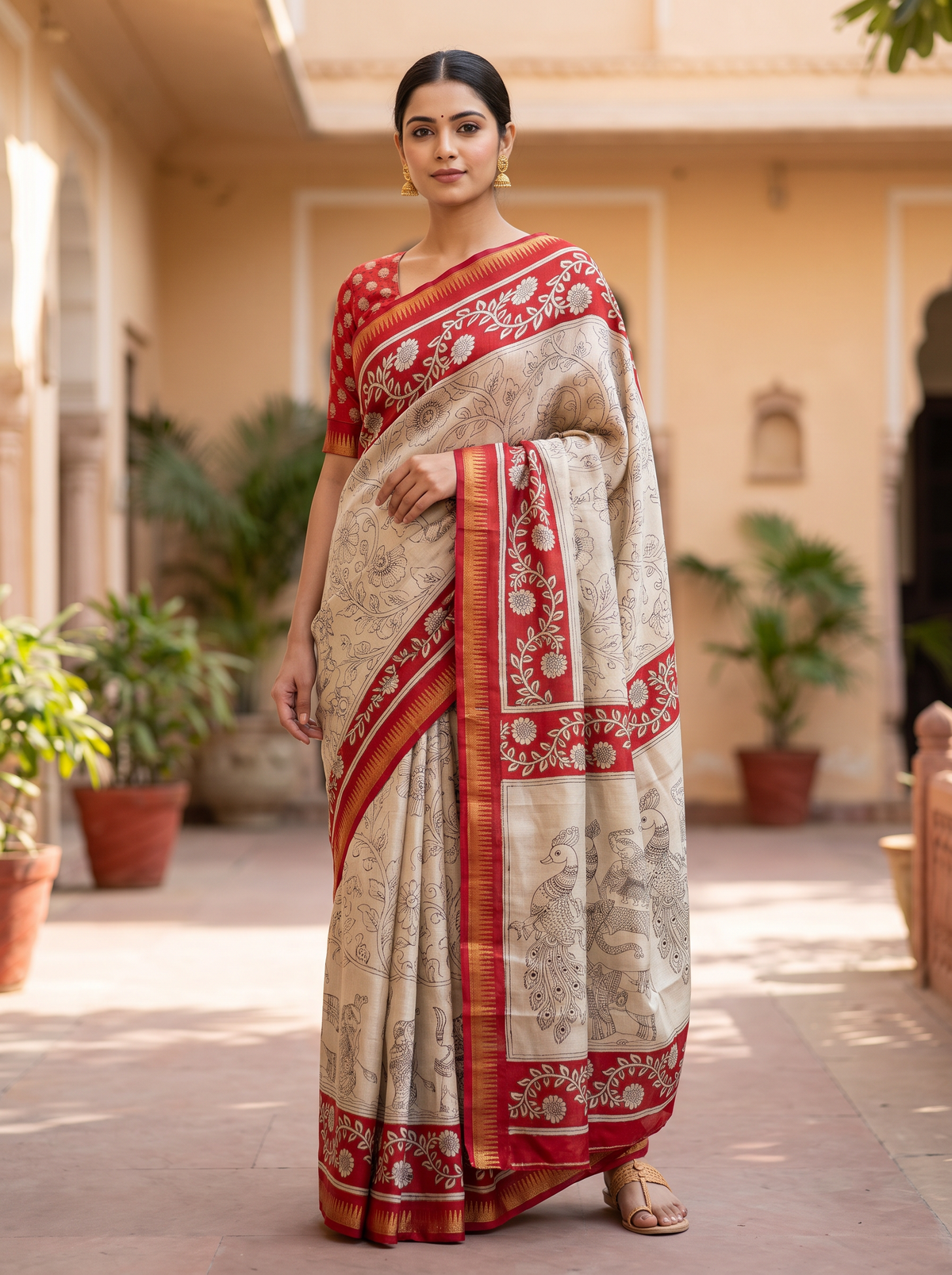 Ivory Red Heritage Printed Saree