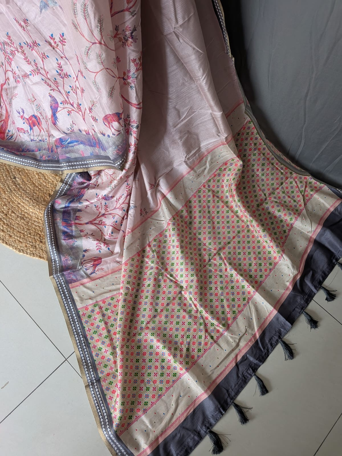 Blush Pink & Charcoal Grey Printed Saree
