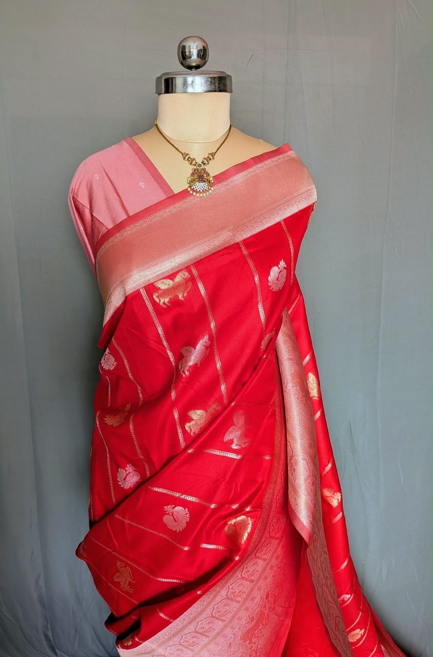 Ruby Red Rose Zari Saree