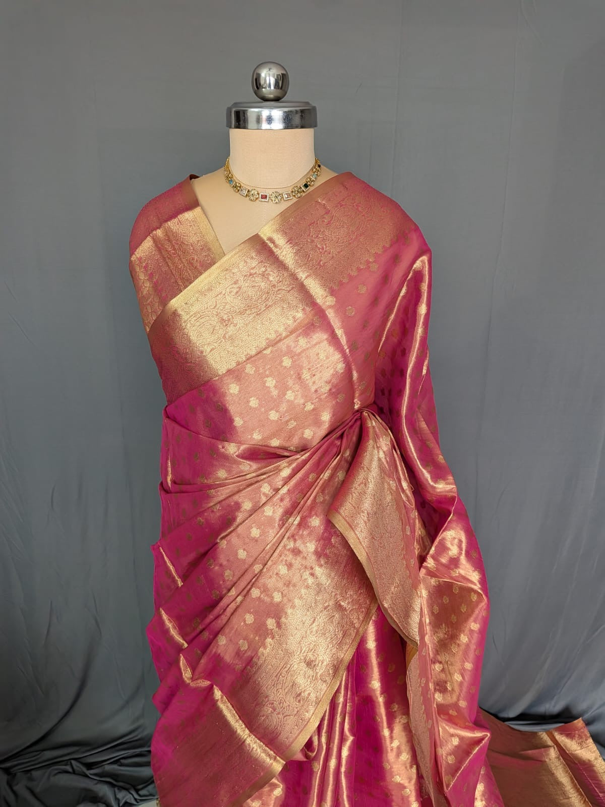 Rani Pink & Antique Gold Tissue Saree