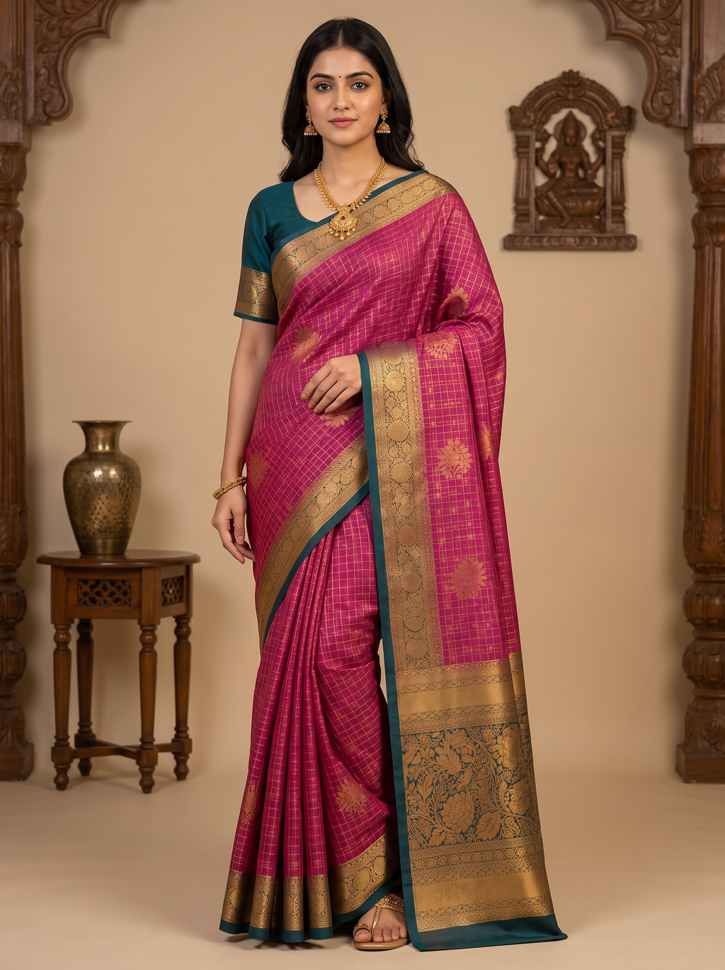 Rani Pink & Teal Kanchipuram Silk Blend