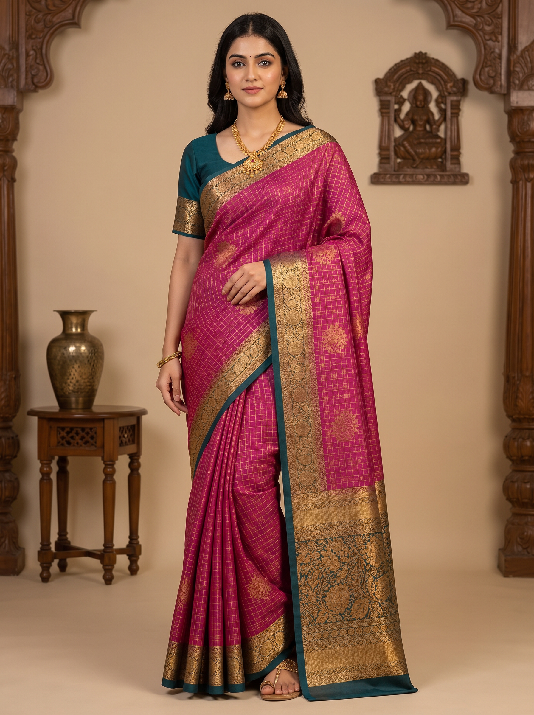 Rani Pink & Teal Kanchipuram Silk Blend