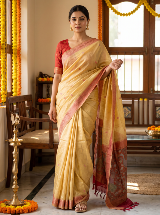 Pastel Yellow Linen Jamdani Saree (Sunlit Gold)