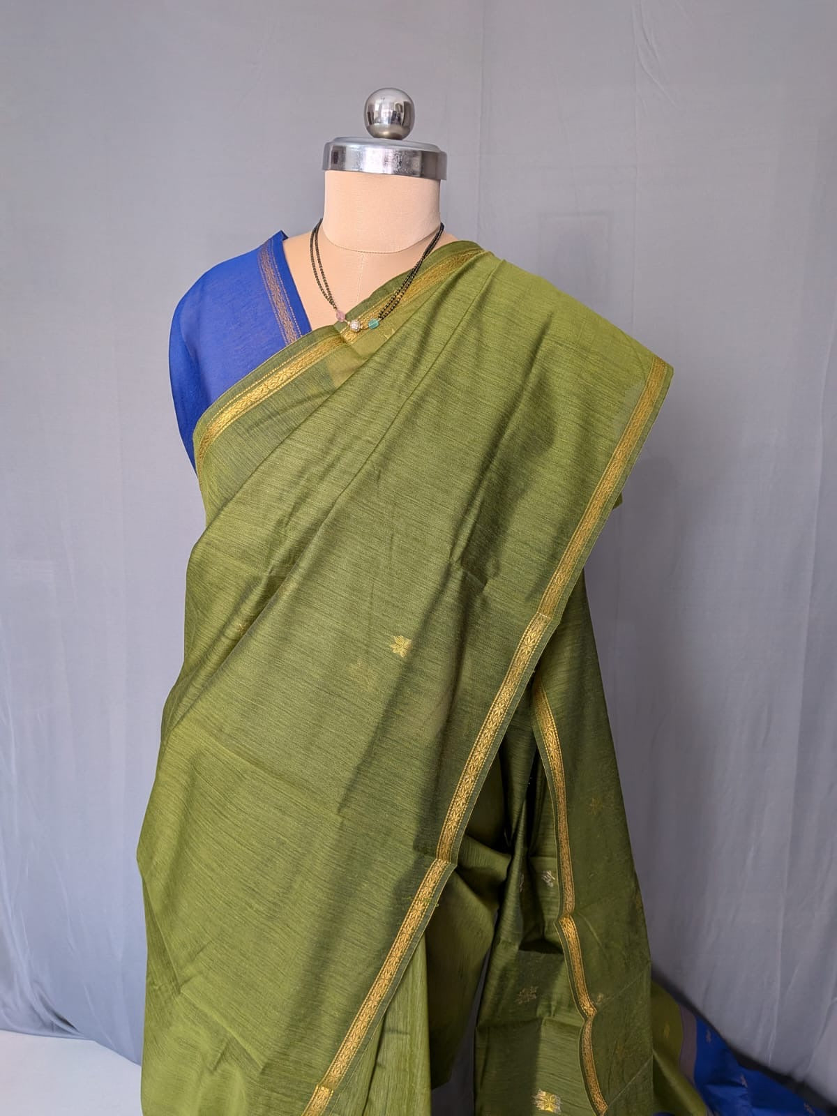 Olive Green & Royal Blue Handloom Saree