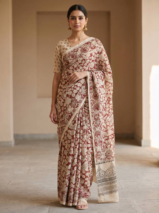 Maroon & Beige Kalamkari Printed Saree