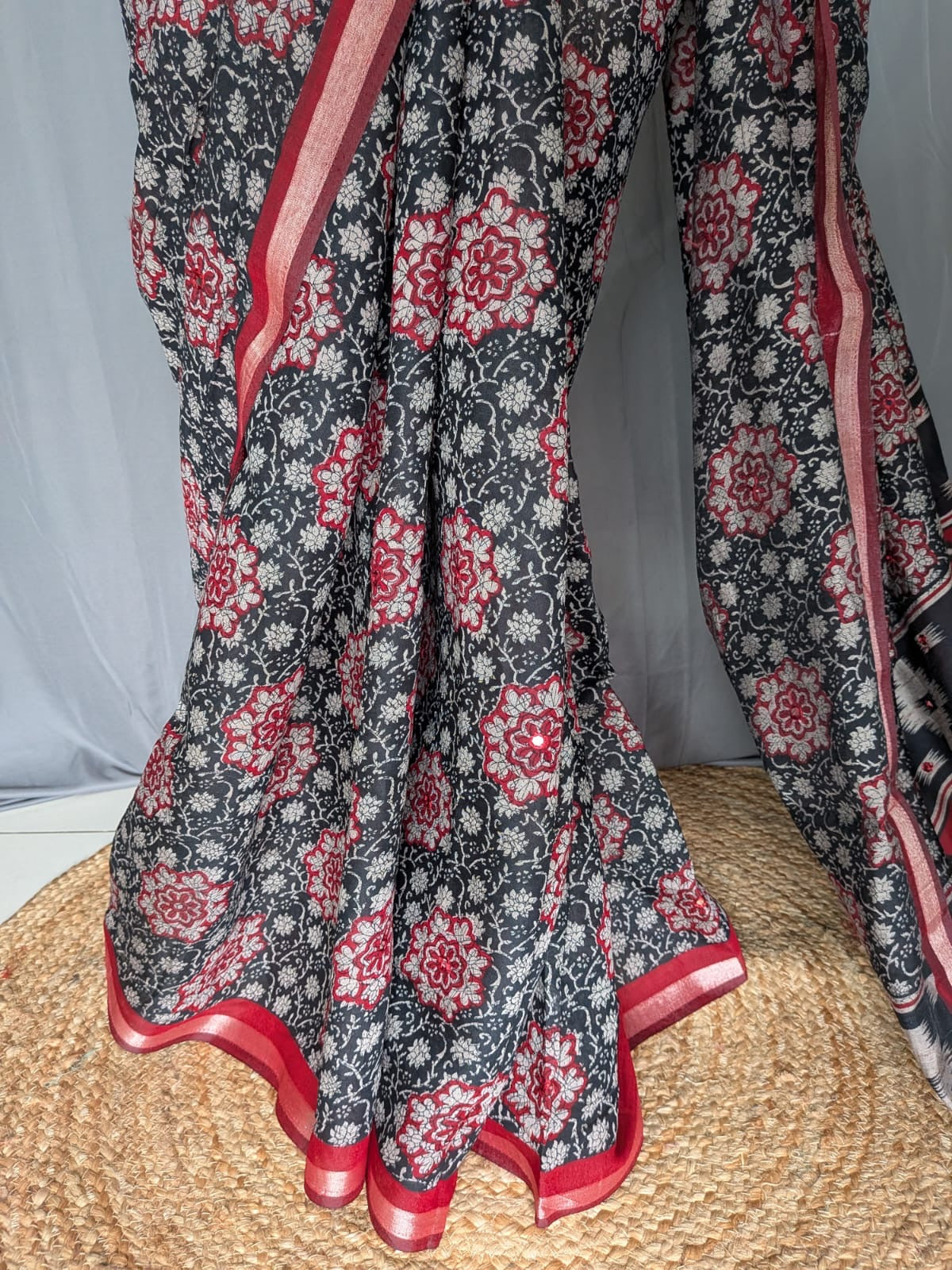 Black & Red Floral Printed Mirror Saree