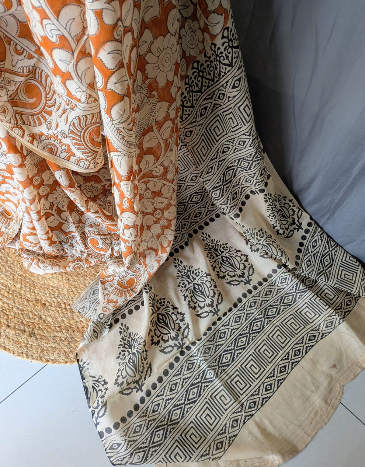 Rust Orange & Beige Kalamkari Printed Saree