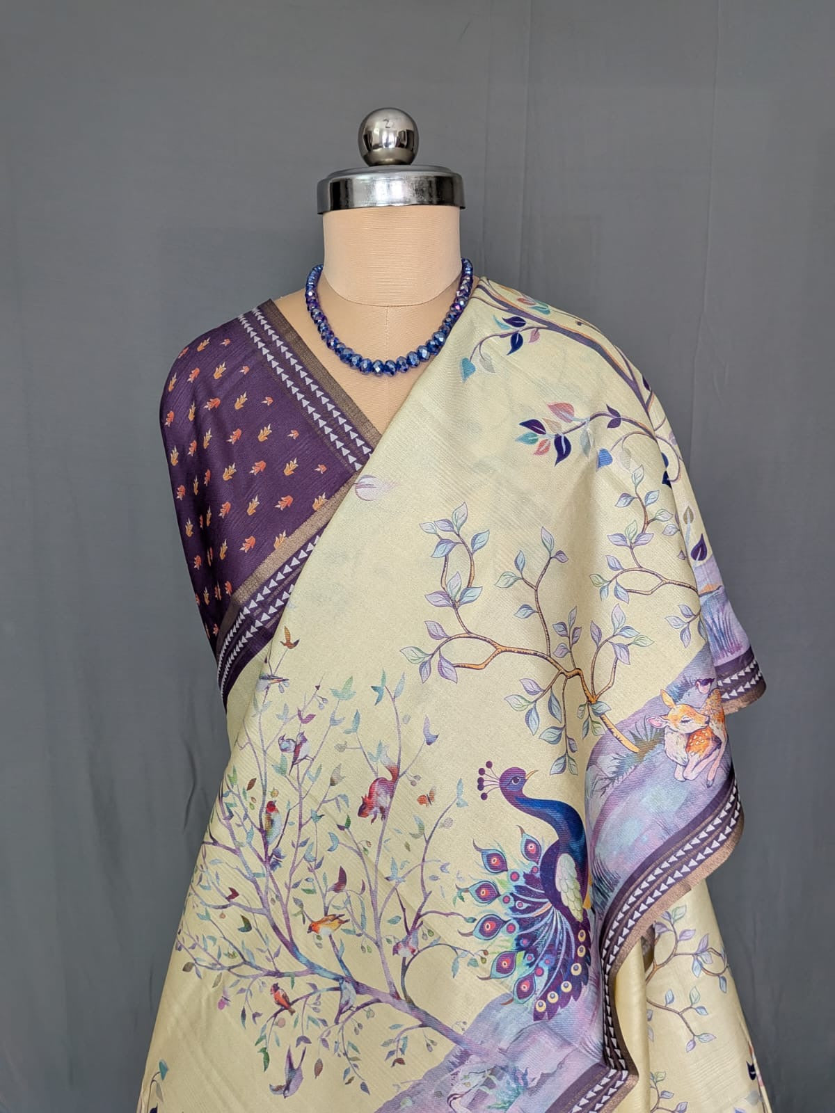 Pastel Yellow & Purple Peacock Printed Silk Saree
