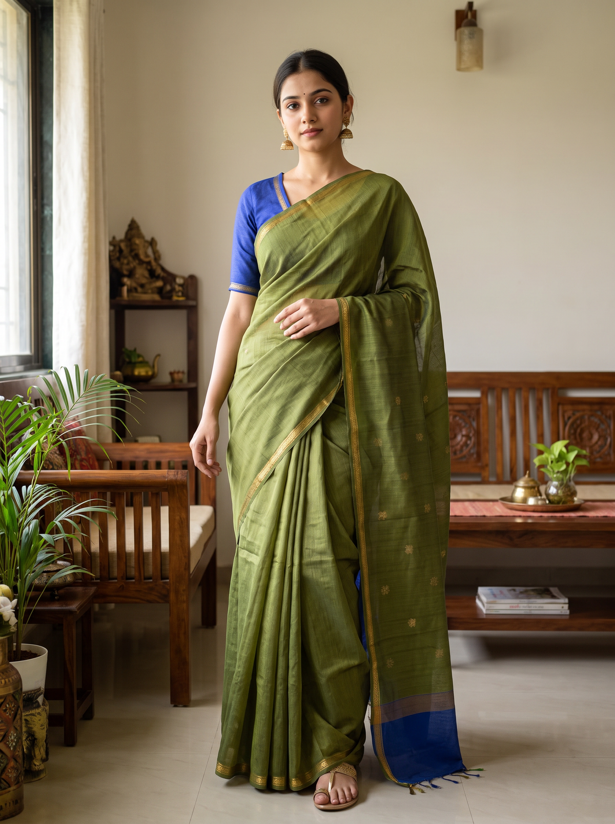 Olive Green & Royal Blue Handloom Saree