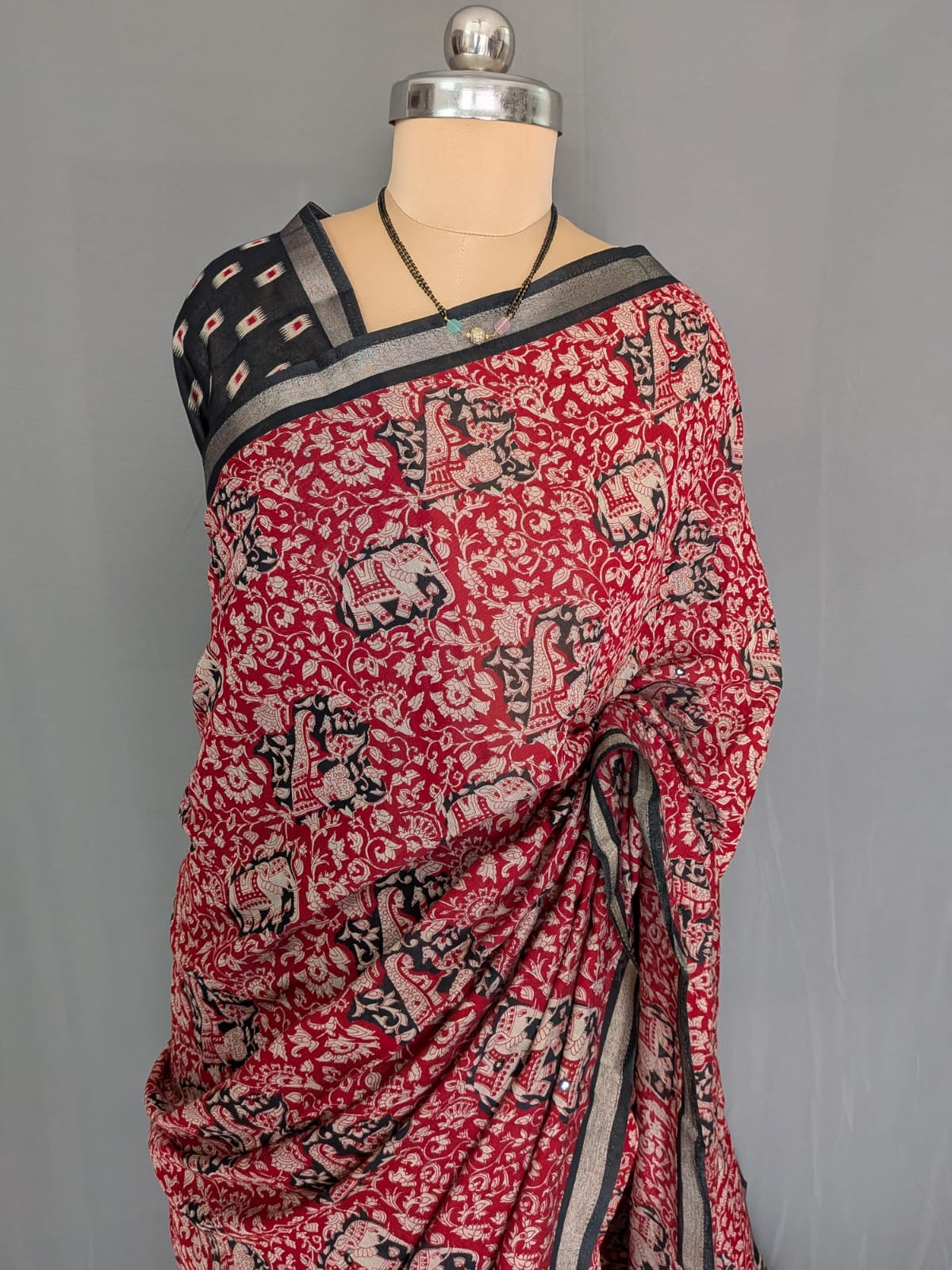 Red & Black Kalamkari Printed Mirror Saree