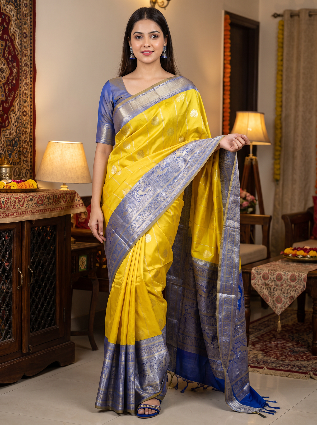 Mustard Yellow & Royal Blue Silk Saree