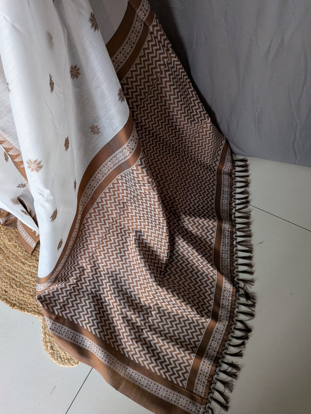 White & Brown Mulcotton Saree