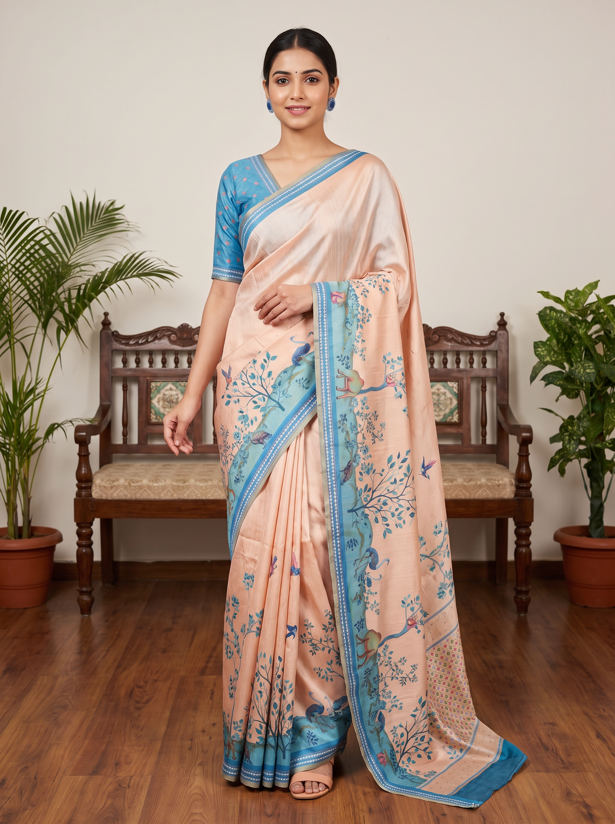 Peach & Blue Printed Saree