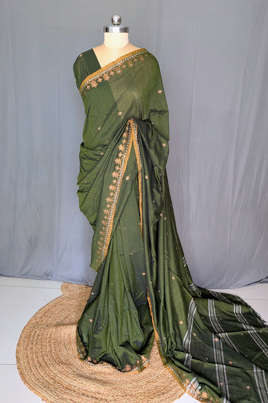 Green Floral Linen Cotton Saree